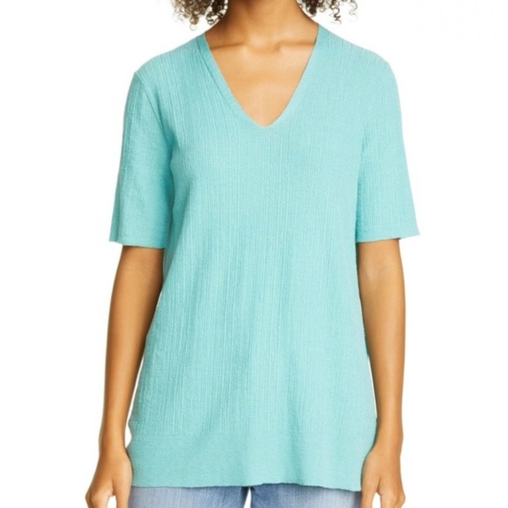 Eileen Fisher Linen Stretch V-Neck Tunic Top Teal Blue Short Sleeve Small